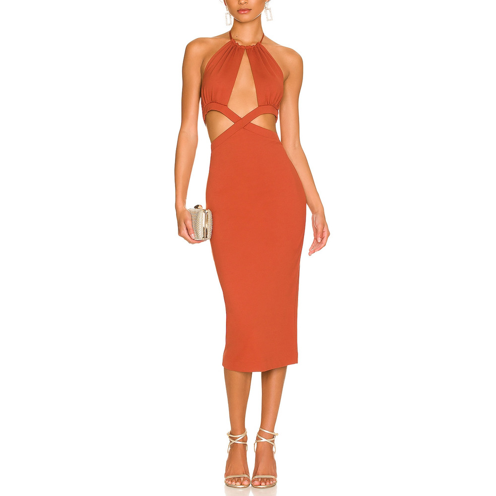 Camila Coelho 'Rida' Red Tie Halterneck Front Cut Out Midi Dress Size XS